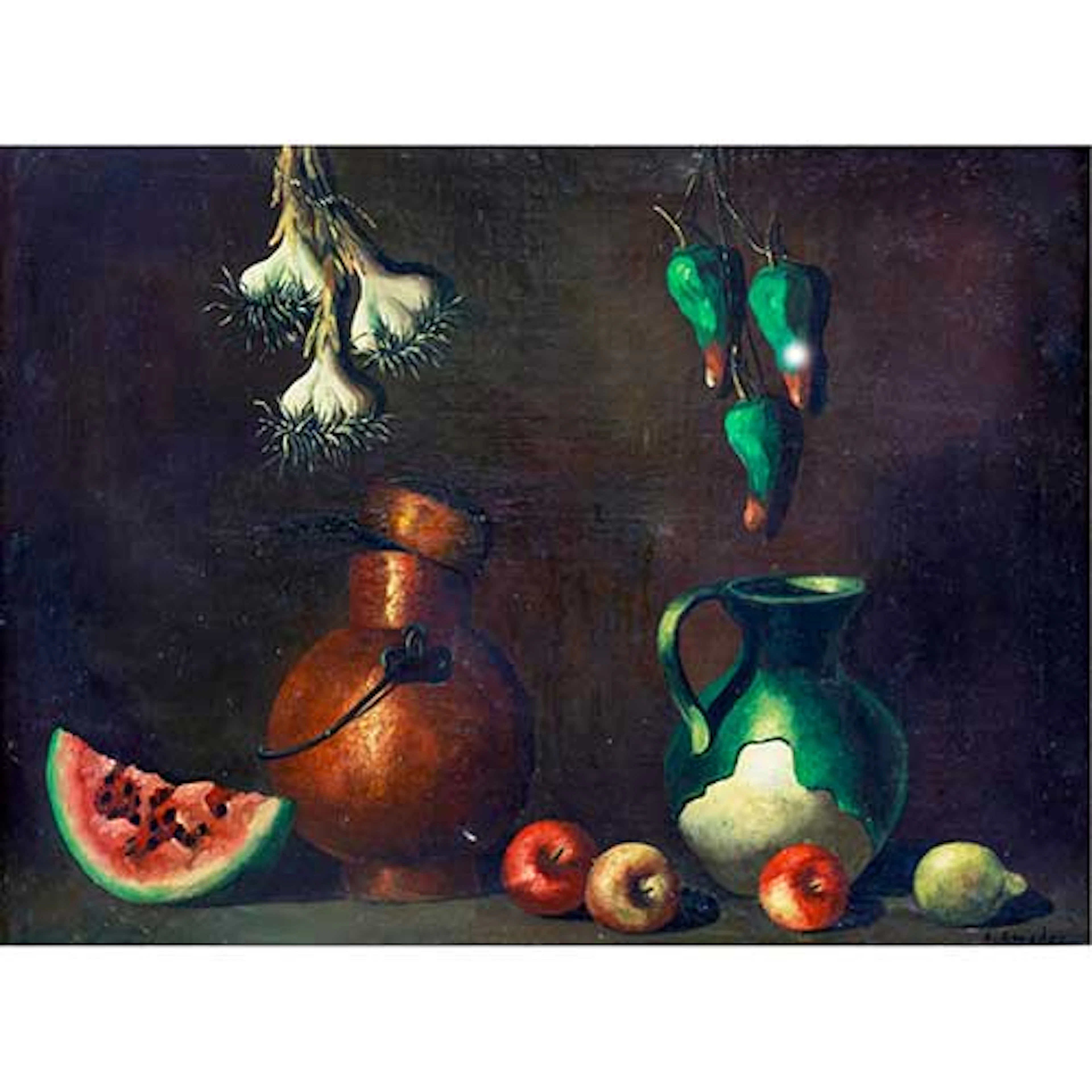 Bodegn con vasijas y piezas de fruta