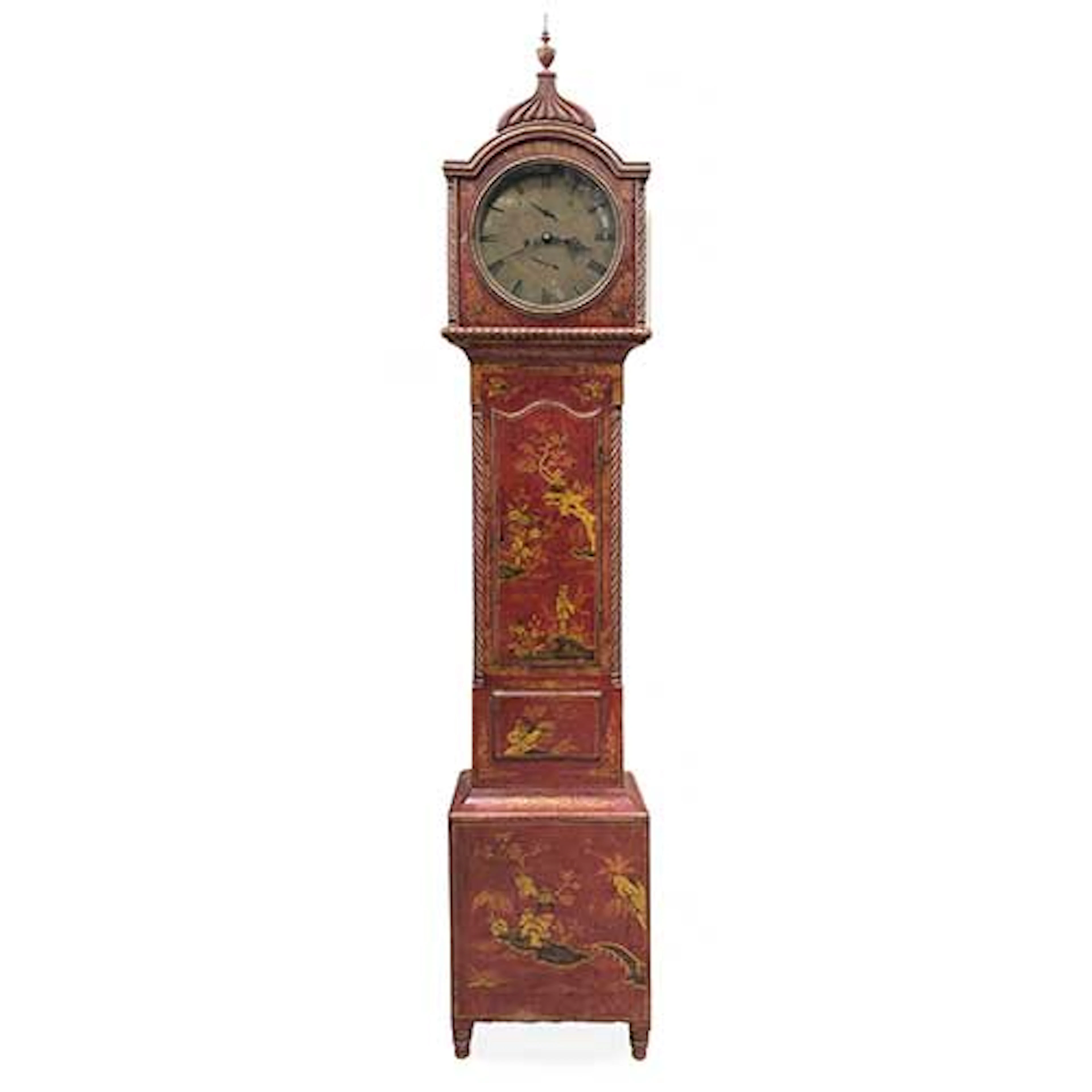 Reloj de pared ingles en laca roja con decoracin de chinoiserie