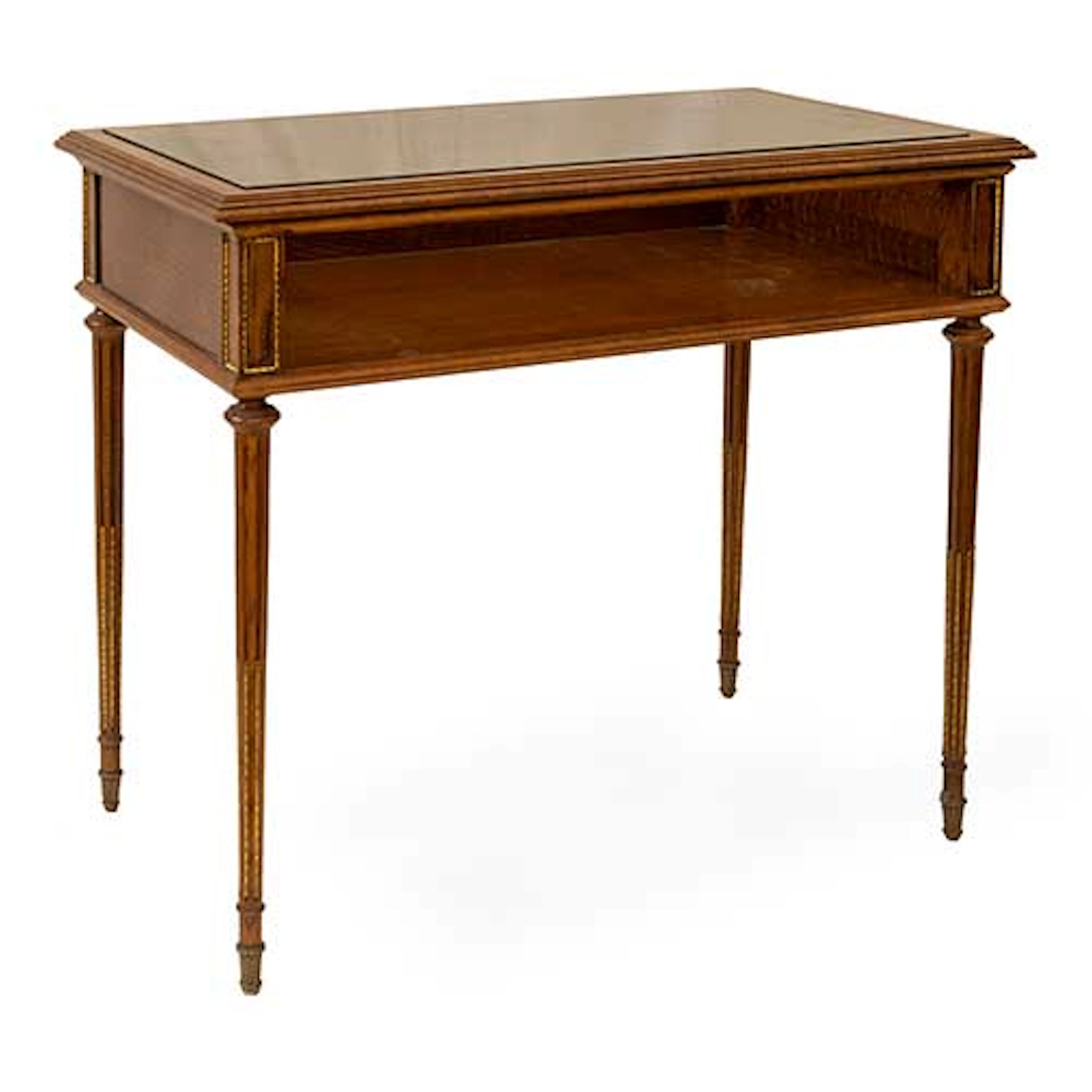 Mesa con tapa de cristal en madera patinada estilo Luis XVI