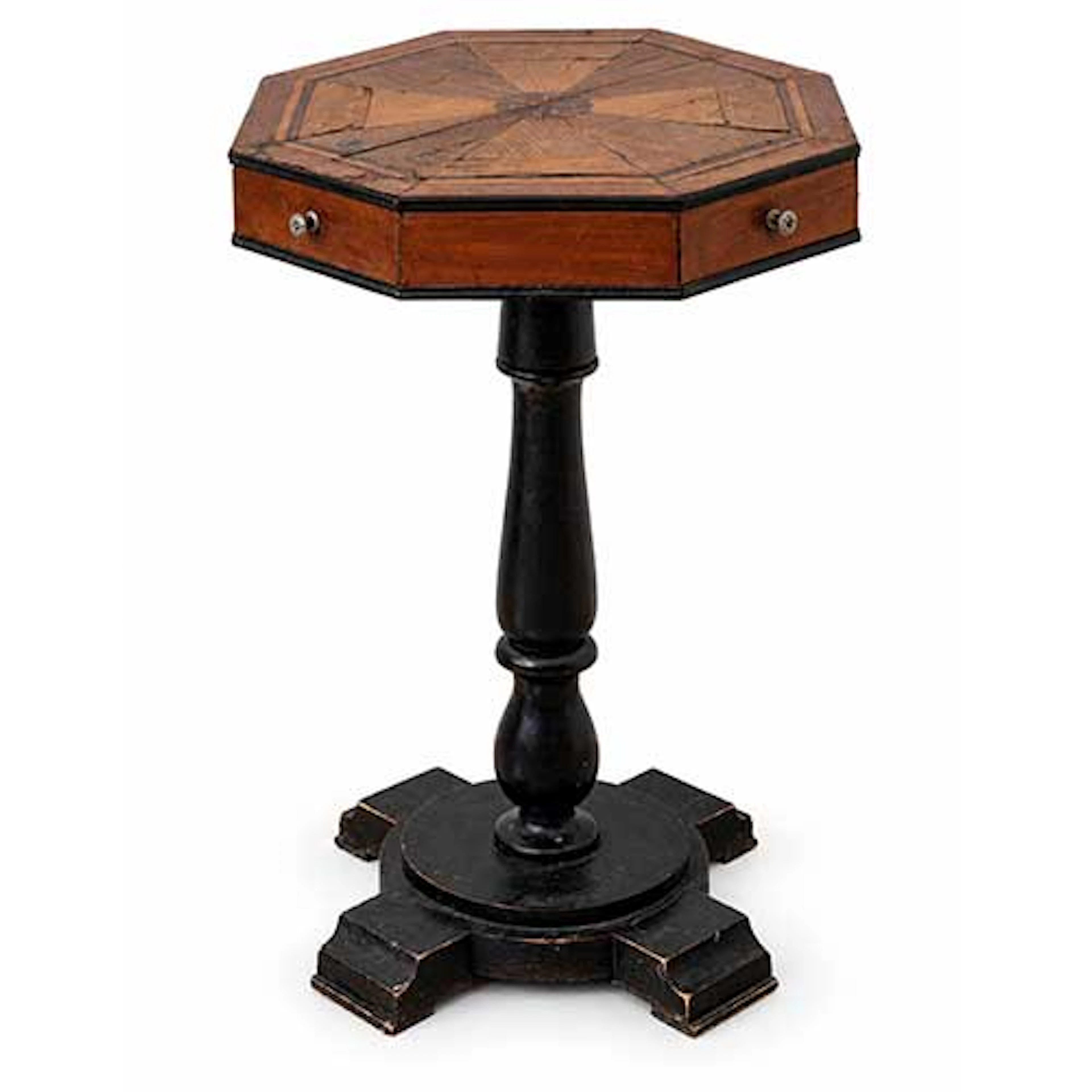 Mesa octogonal con pie central torneado y patas escalonadas lacados