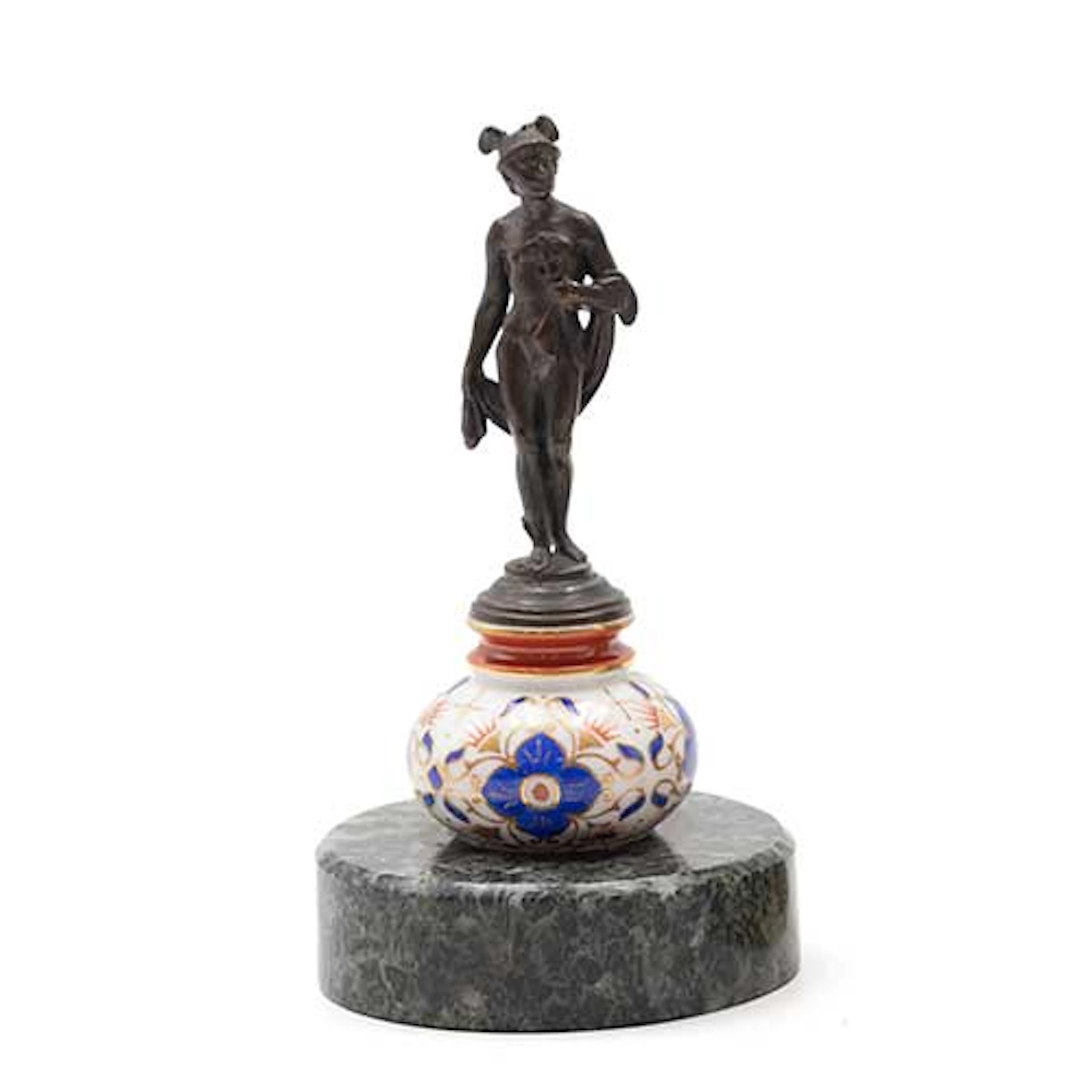 Mercurio en bronce con base de porcelana y mrmol