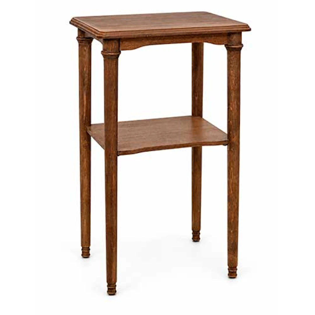 Mesa auxiliar con patas torneadas y dos estantes
