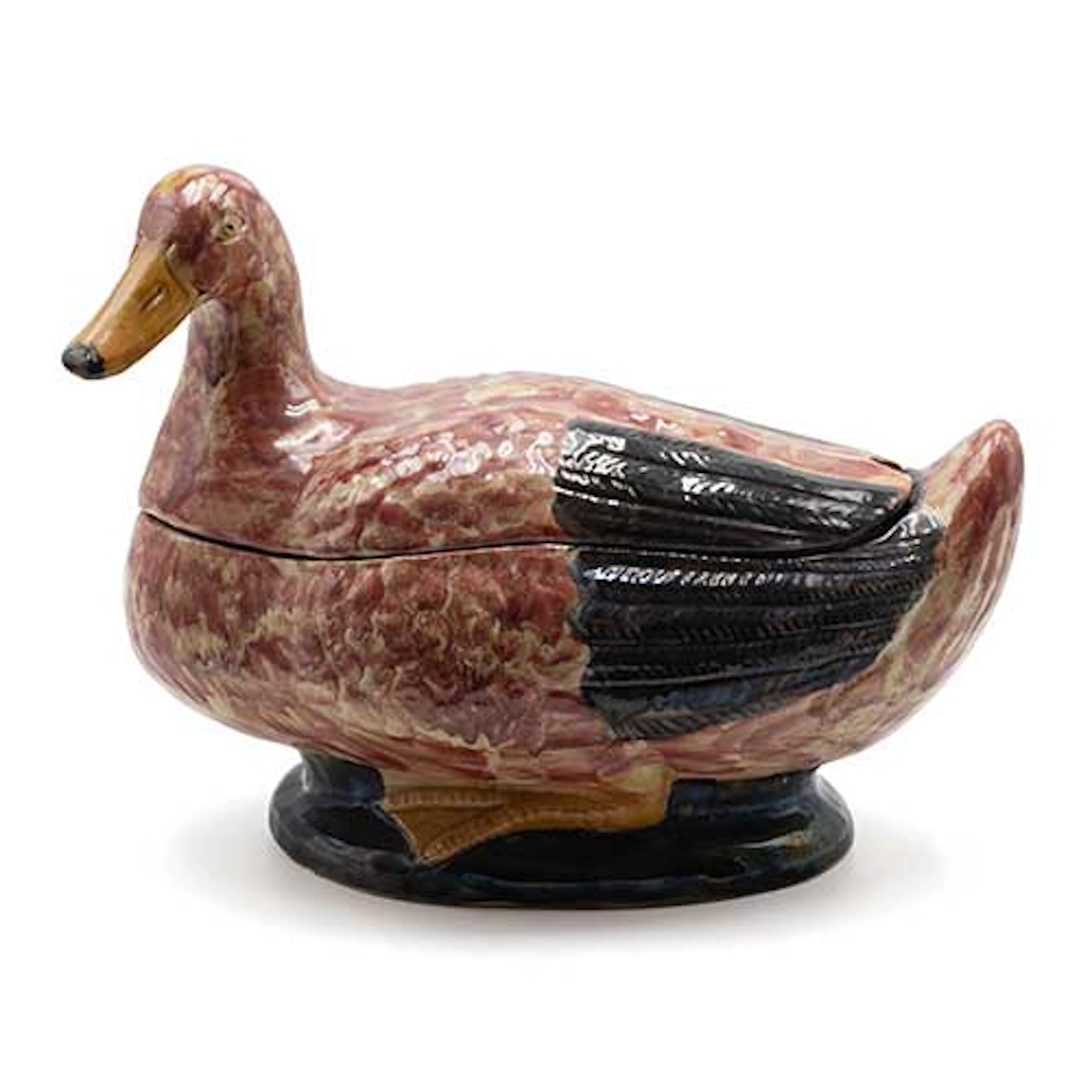 Sopera con forma de pato en cermica portuguesa vidriada.Consolidada