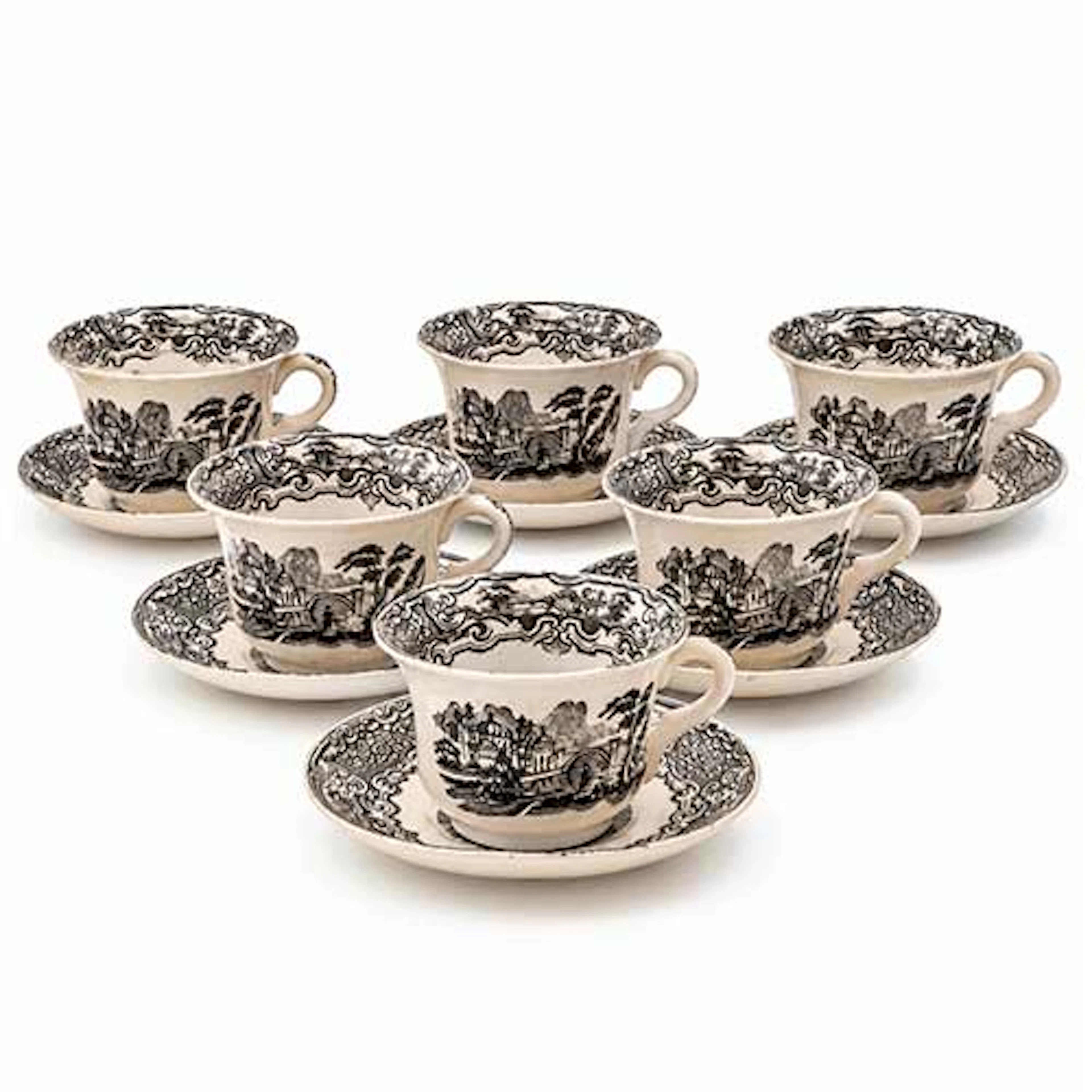 Seis tazas grandes de Pickman con sus platos