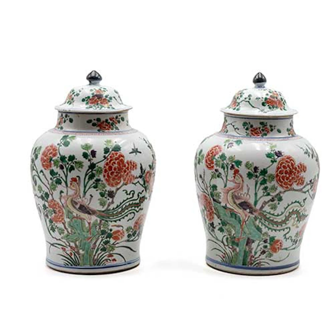 Pareja de tibores en porcelana china Kangxi siglo XIX