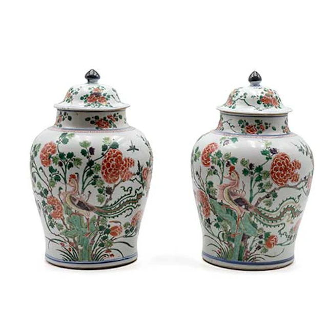 Pareja de tibores en porcelana china Kangxi siglo XIX