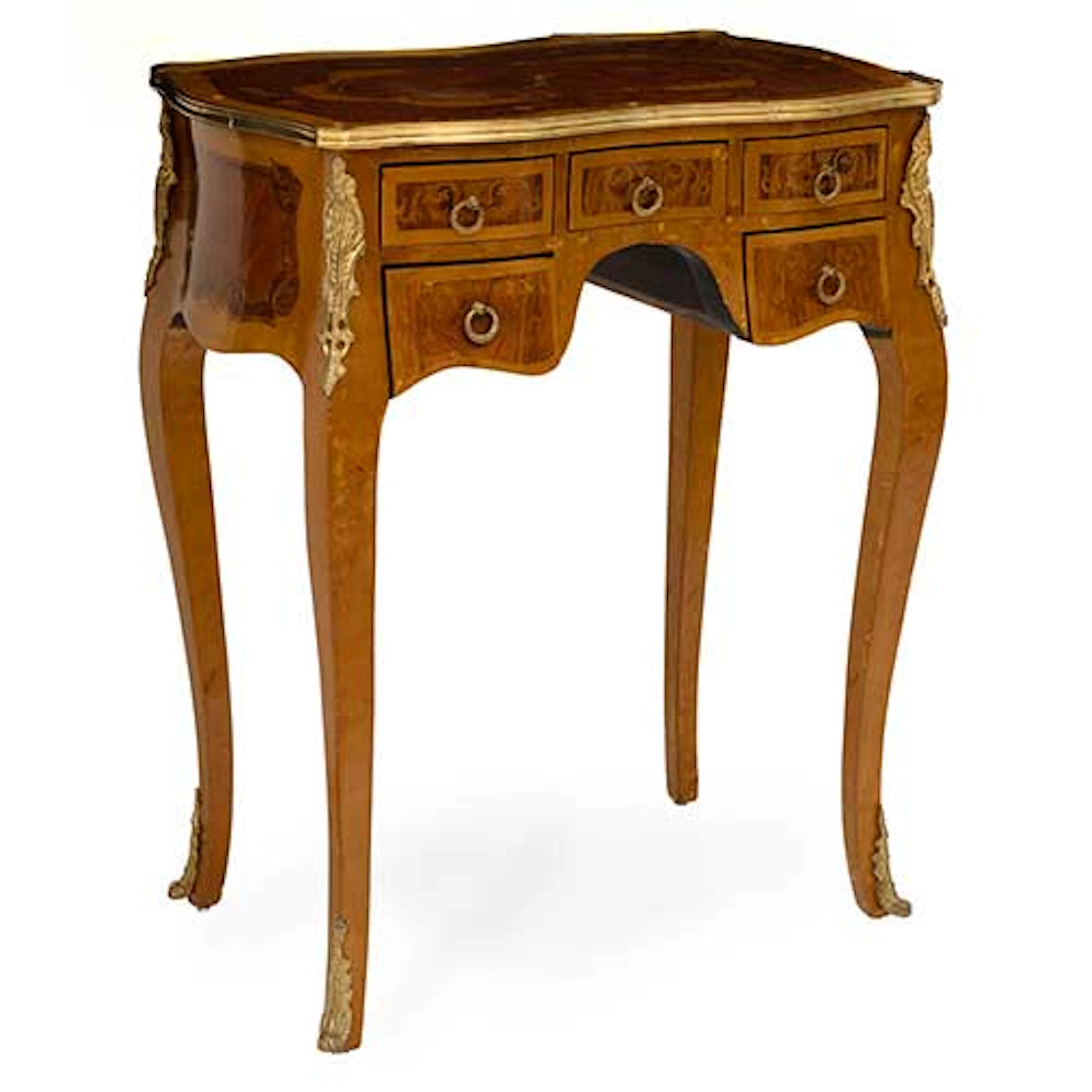 Mesa de marquetera estilo Lus XV con aplicaciones de bronce, trabajada