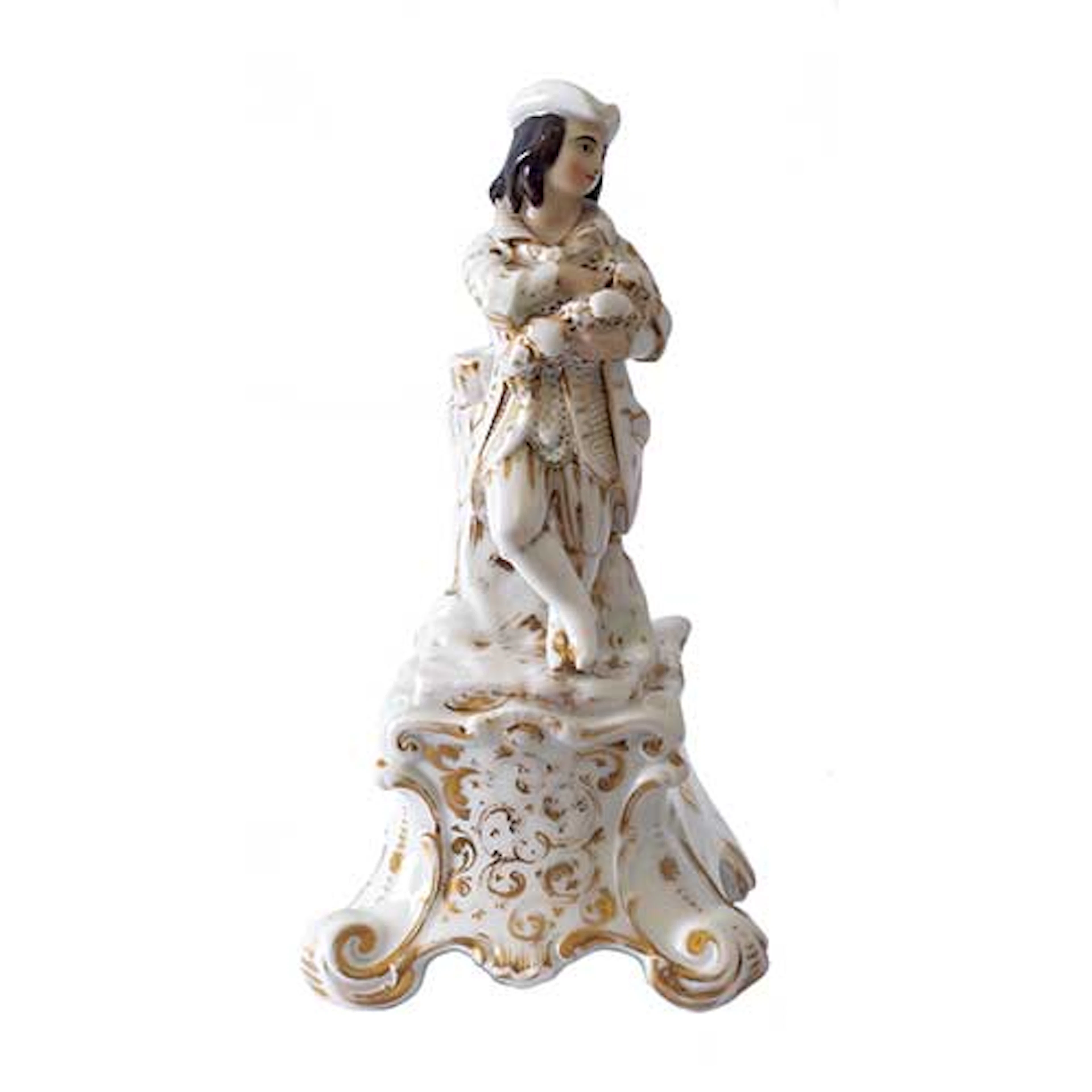 Violetero figura de caballero realizada en porcelana decorada en dorado