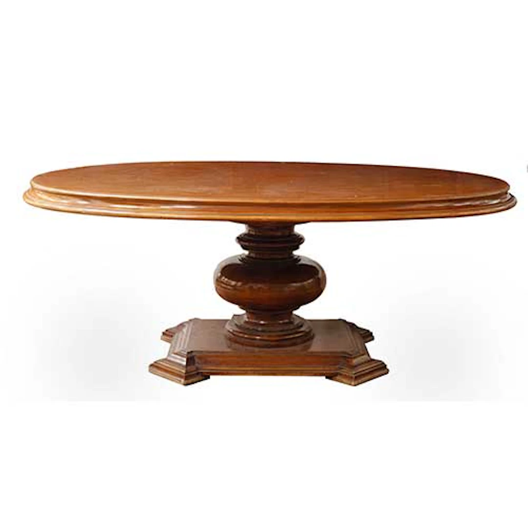 Mesa de comedor ovalada con pie central en madera patinada