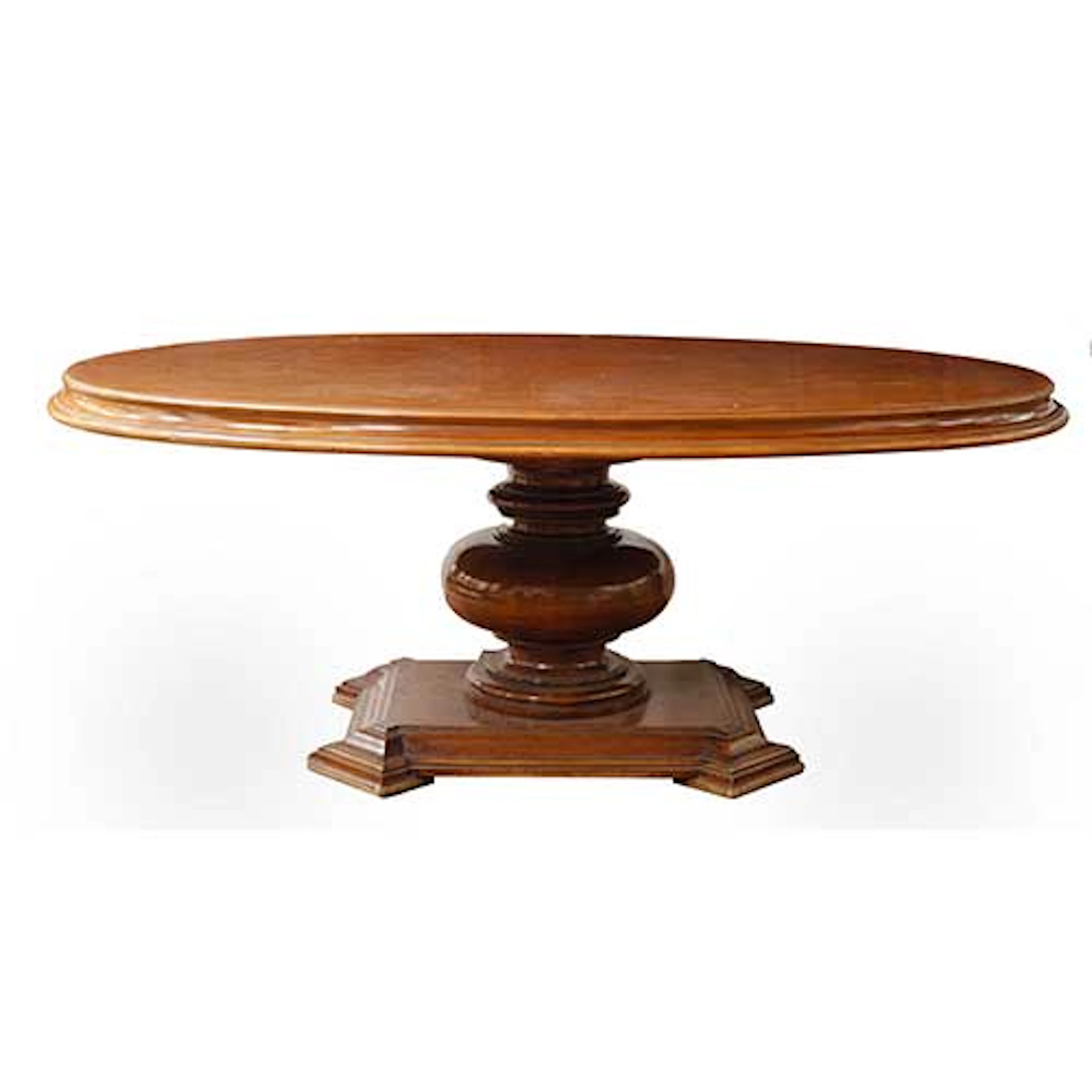 Mesa de comedor ovalada con pie central en madera patinada