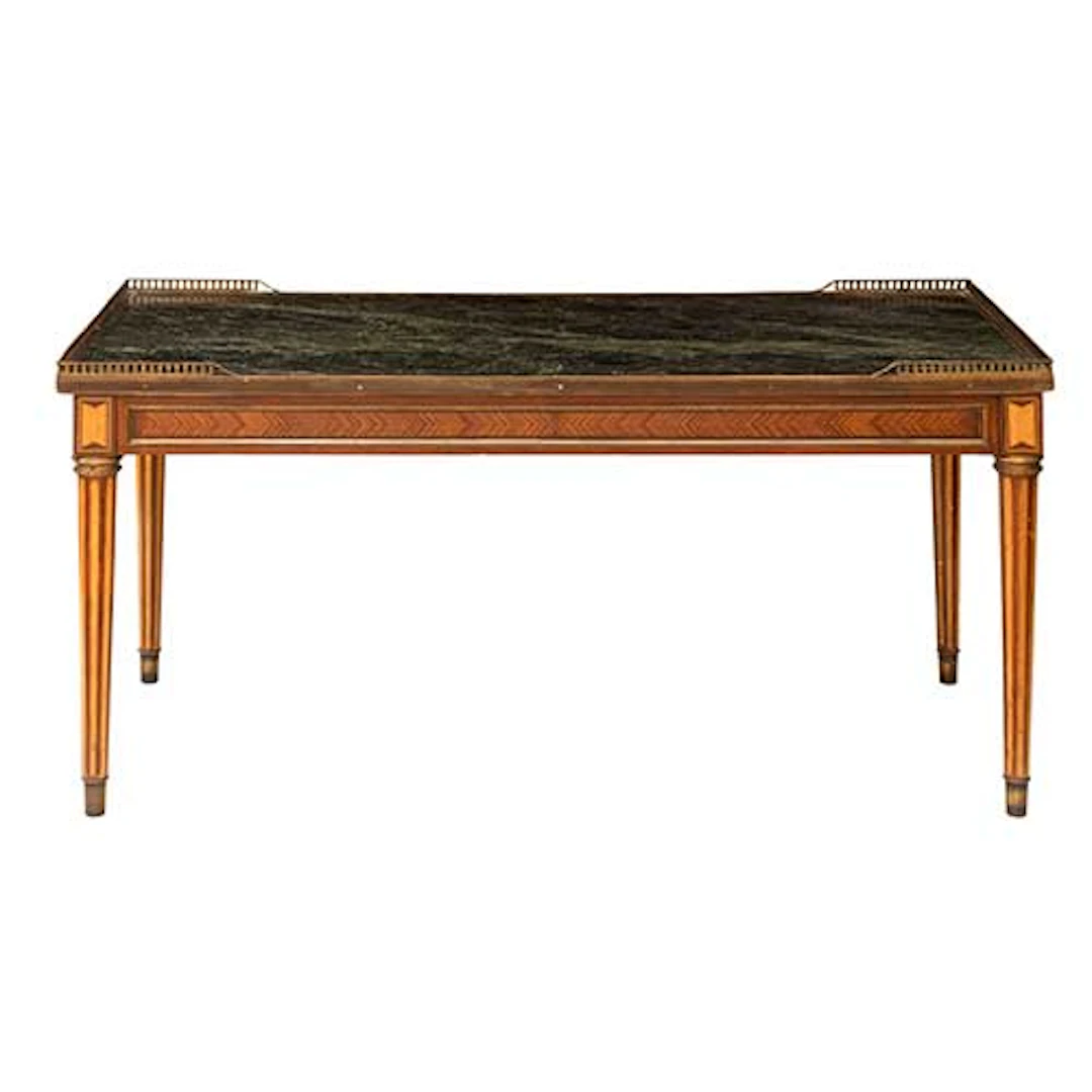 Mesa de caf estilo Luis XVI con marquetera y tapa en mrmol con galera