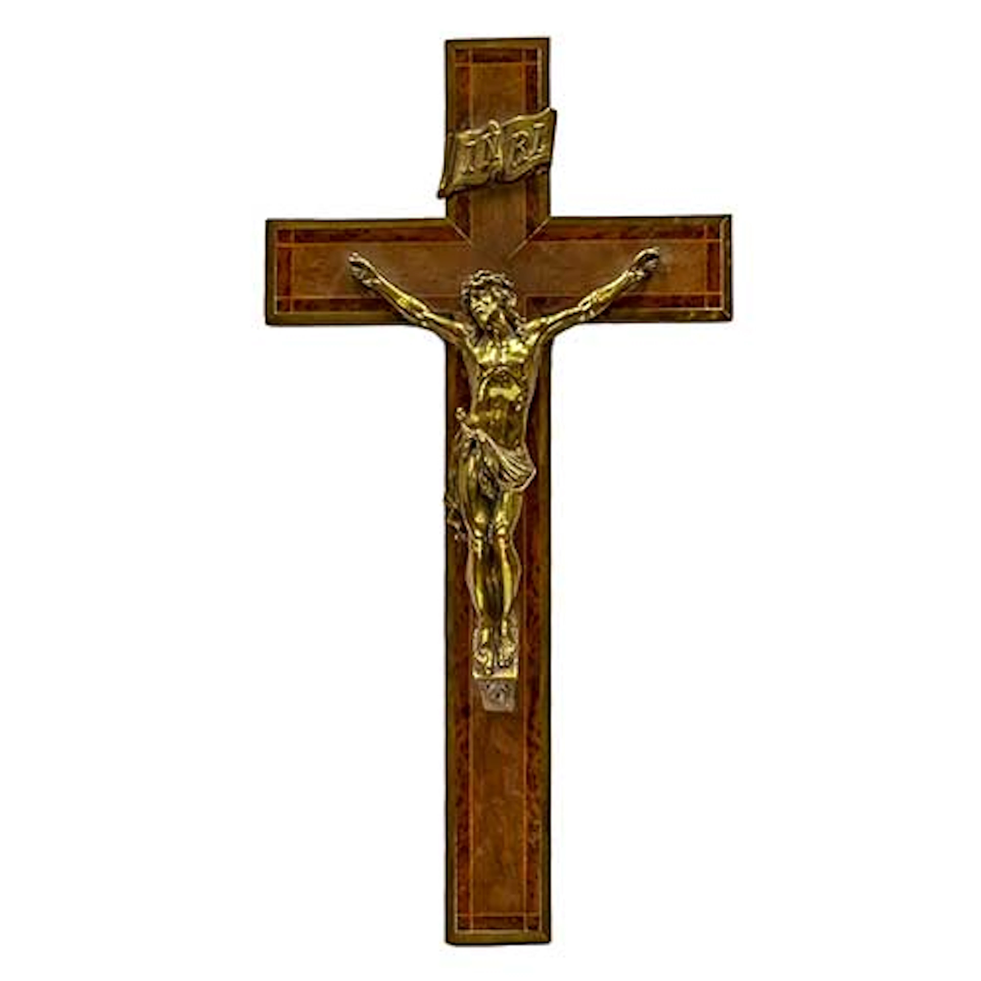 Cristo crucificado en bronce sobre cruz de madera con marquetera.