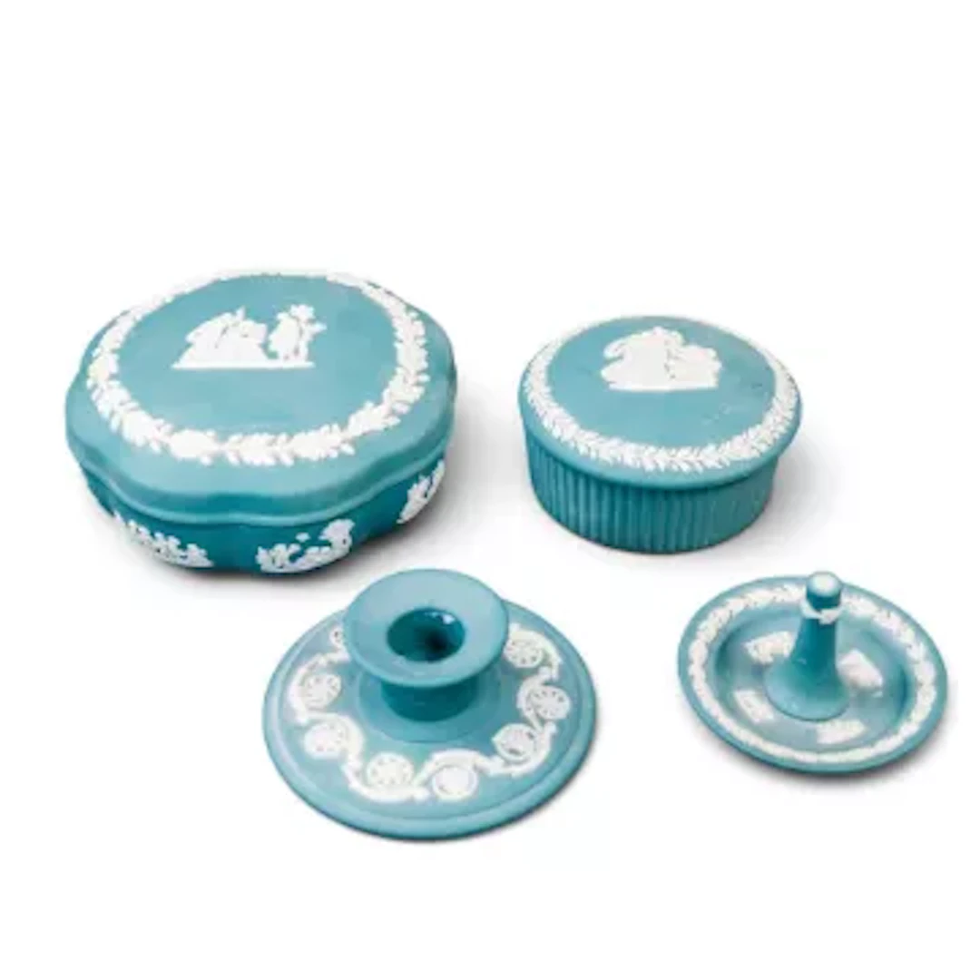 Wedgwood teal Jasperware selection to include, candlestick, ring holder