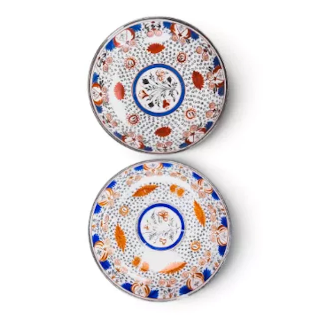 Two Thomas Wolfe shallow dishes decorated in iron red, blue and silver