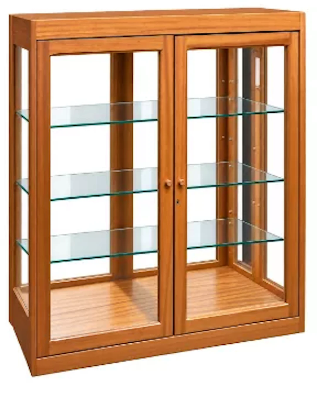 A modern light oak-effect glazed display cabinet, fitted with a pair