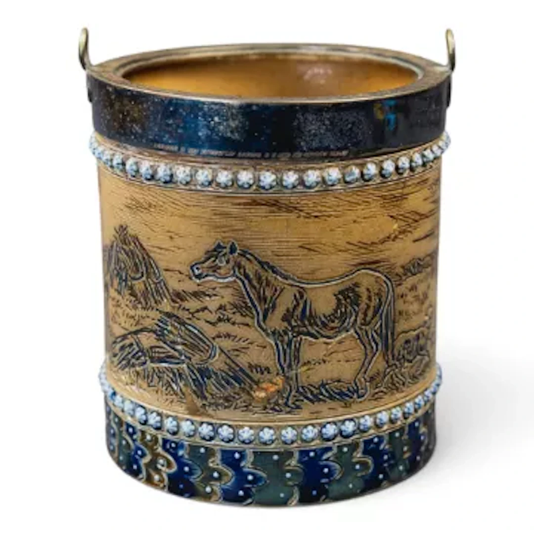A Doulton Lambeth biscuit barrel decorated with incised/ sgraffito