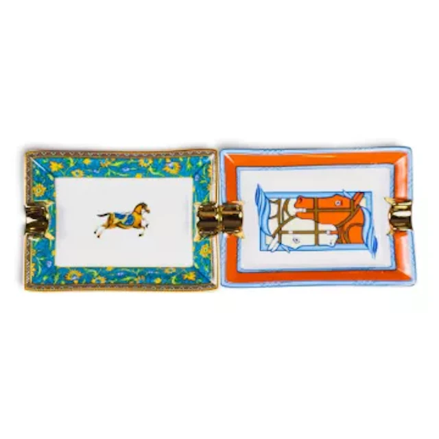 Two Hermes porcelain rectangular ash trays, one with a horse to centre