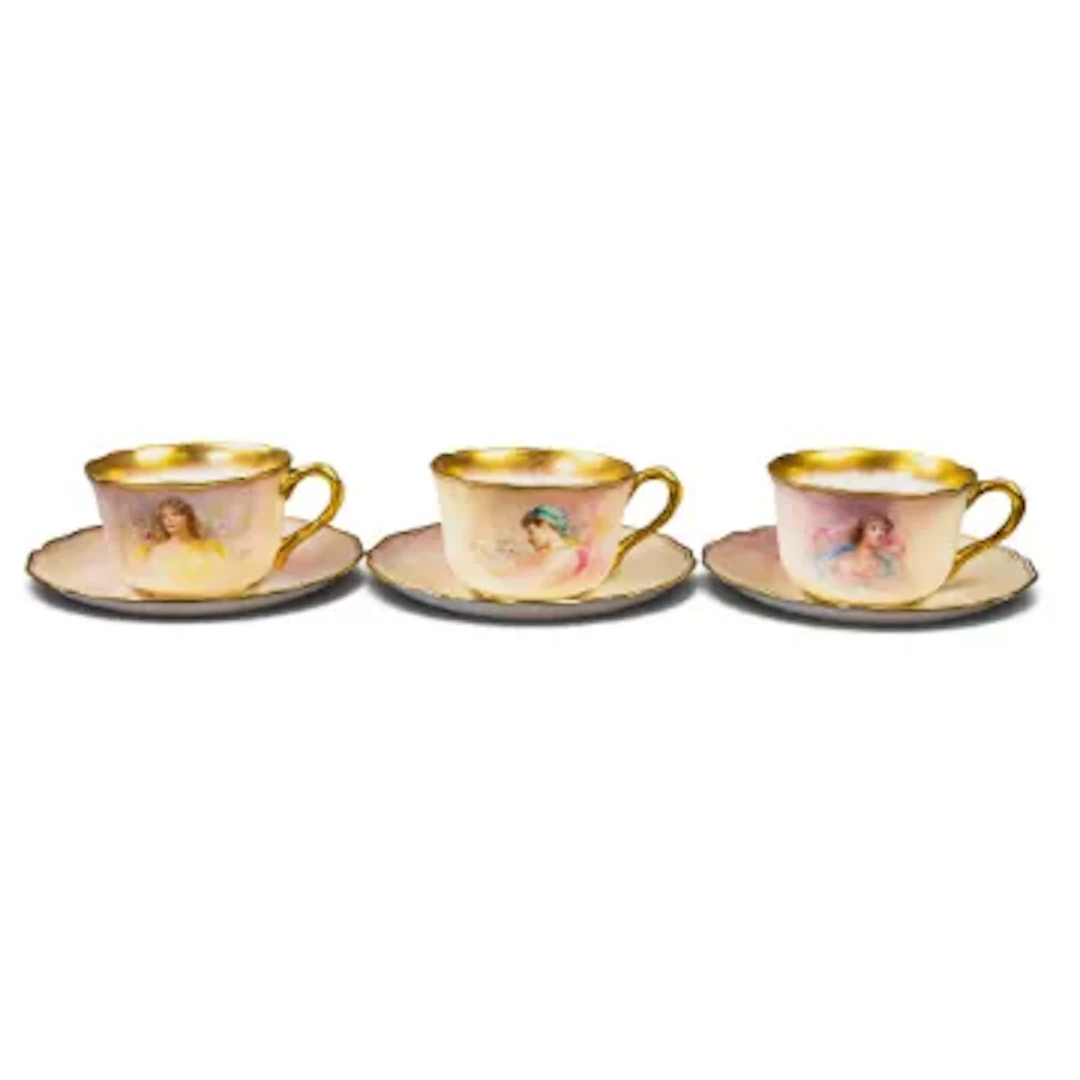 Three Royal Doulton cups & saucers, each hand decorated & signed