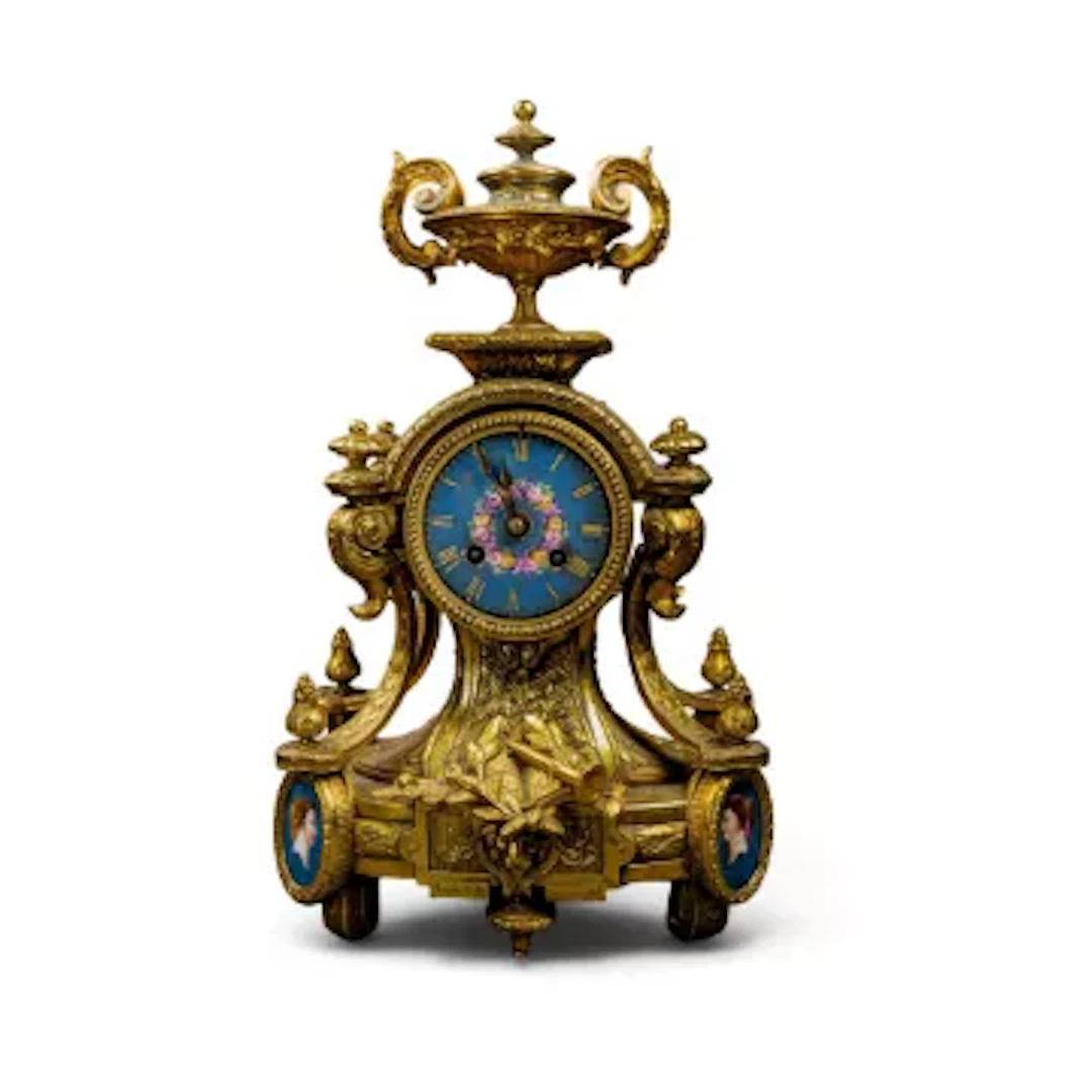 Philippe Mourey, 19th century mantel clock in gilt bronze, with Sévres-style