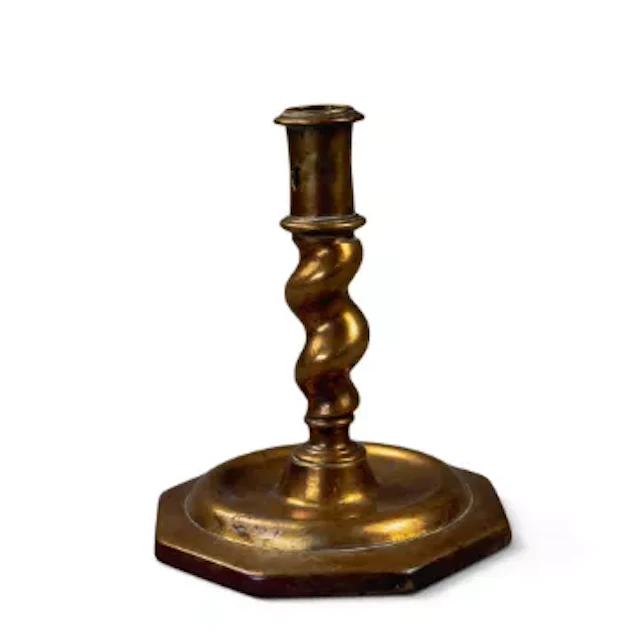 17th/18th century cast brass candlestick with barley twist stem, h.14cm.