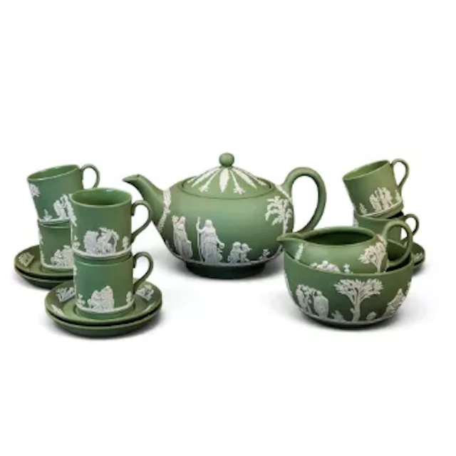 A Wedgwood sage green Jasperware teaset, comprising of a teapot sugar