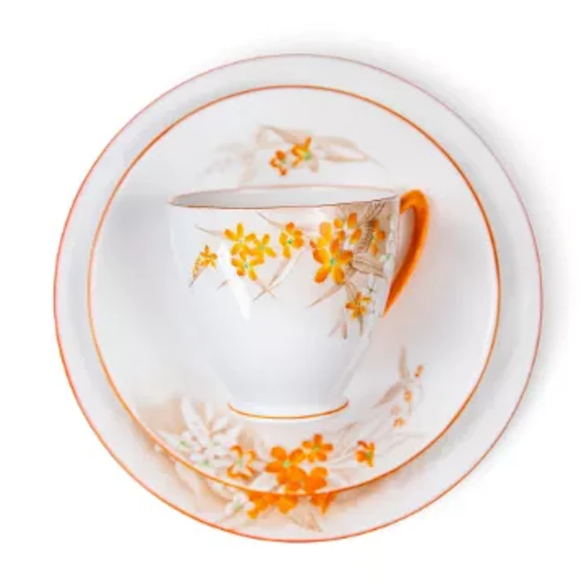 Shelley part tea set in vibrant orange/red floral design on crisp
