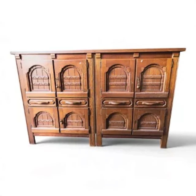 Belgium Brutalist-style carved oak sideboard with traditional carved
