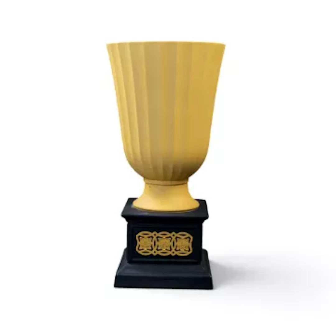 A Wedgwood Minerva Pedestal vase in Cane yellow Jasperware with Black