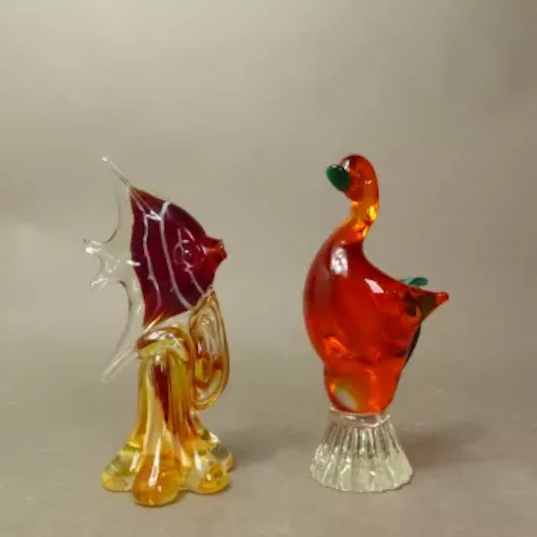 Two art glass figures, Murano style Angel Fish in red, amber and clear
