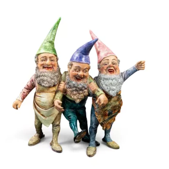 Continental figural group of three interlinked gnomes, h.27.5cm.