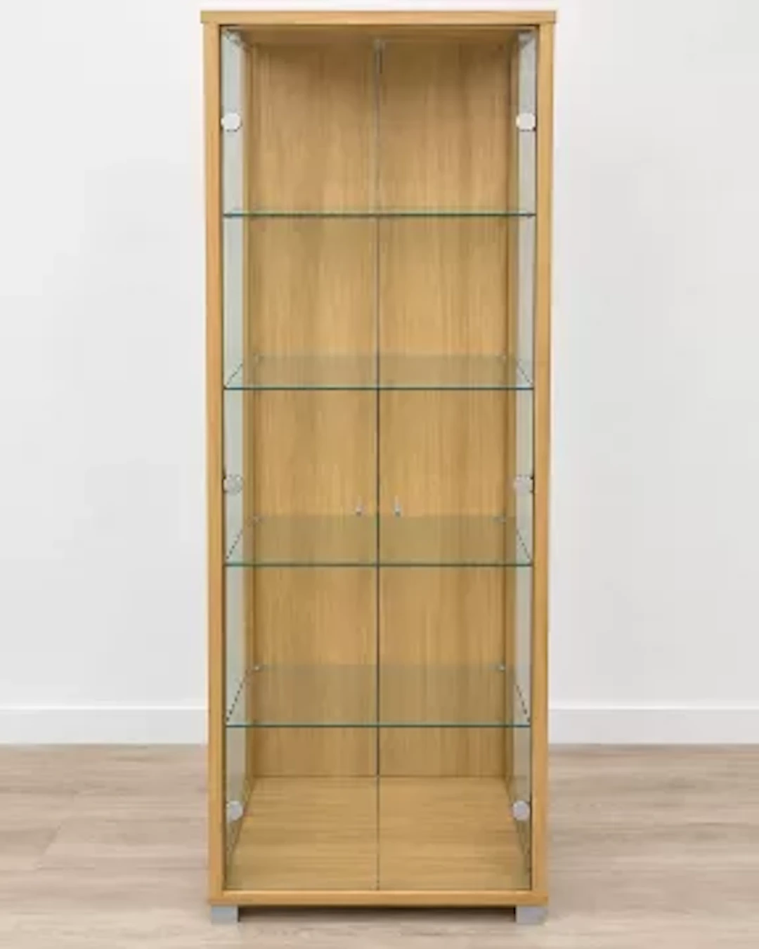 A tall freestanding display cabinet in a light oak-effect finish