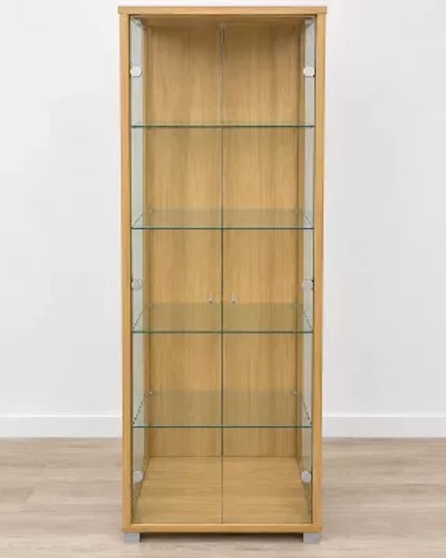 A tall freestanding display cabinet in a light oak-effect finish