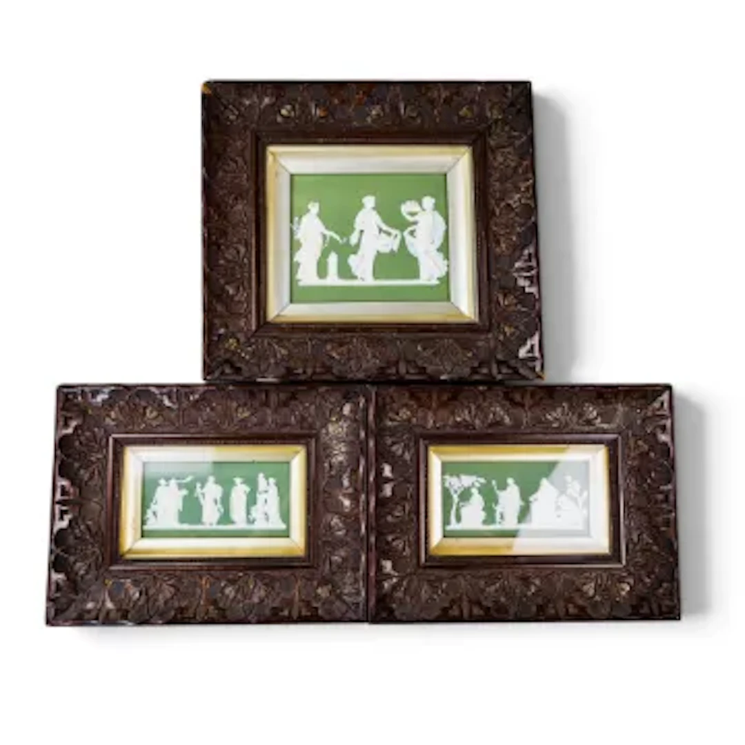 A group of three 19th Century framed sage green Jasperware plaque