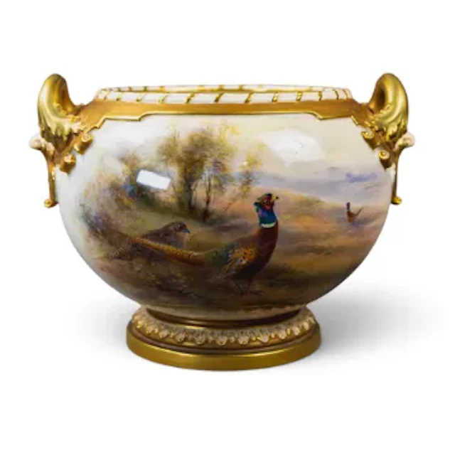 A large bulbous Royal Worcester vase with ornate twin handles, decorated