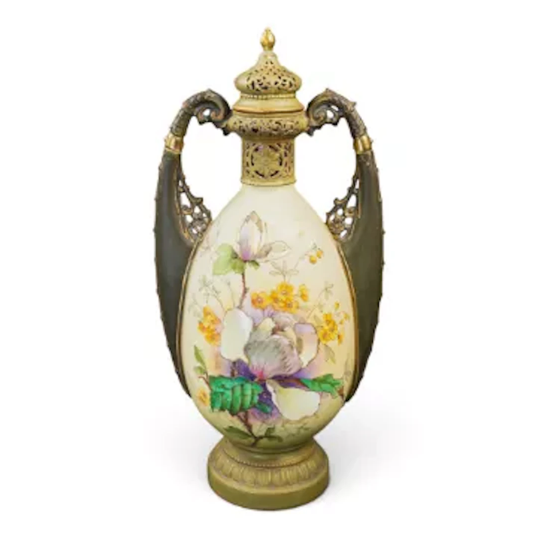A large handled vase and cover by Ernst Wahliss of the Alexandra Porcelain