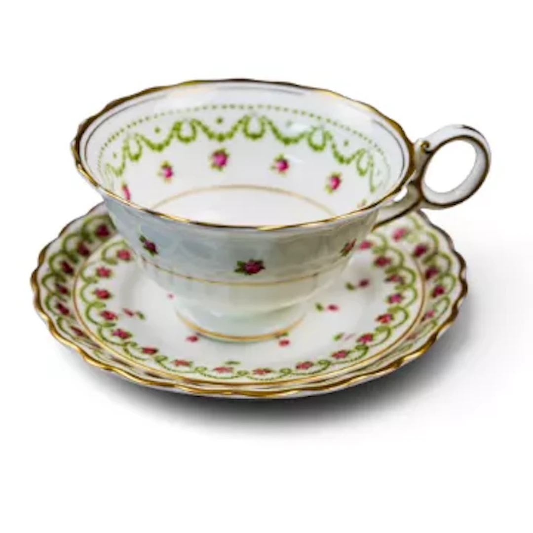 A group of tea ware by George Jones, Crescent China, in various rose
