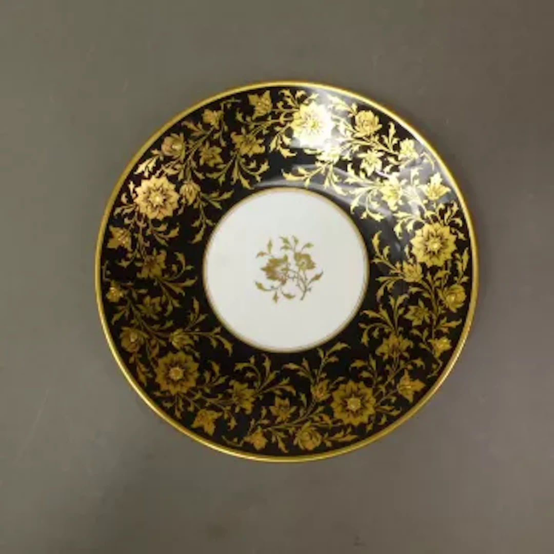 Minton 'Grandee' decorative plate floral gilt pattern on a black ground