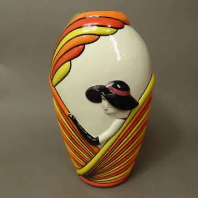 Lorna Bailey Art Deco style vase moulded in relief, Old Ellgreave