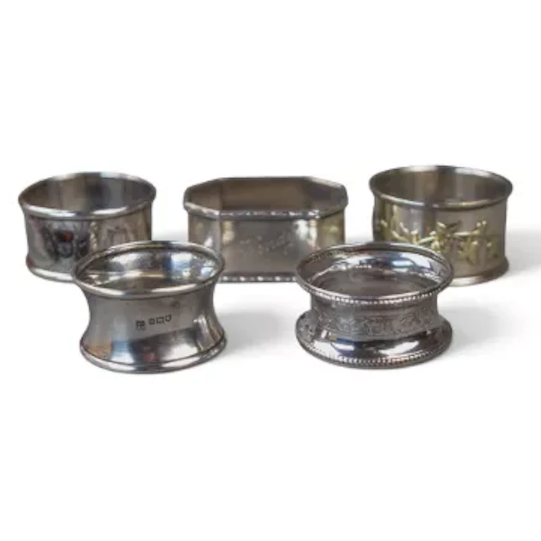 5 x sterling silver hallmarked napkin/serviette rings, part of a large