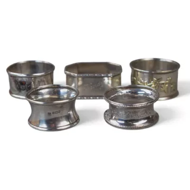 5 x sterling silver hallmarked napkin/serviette rings, part of a large