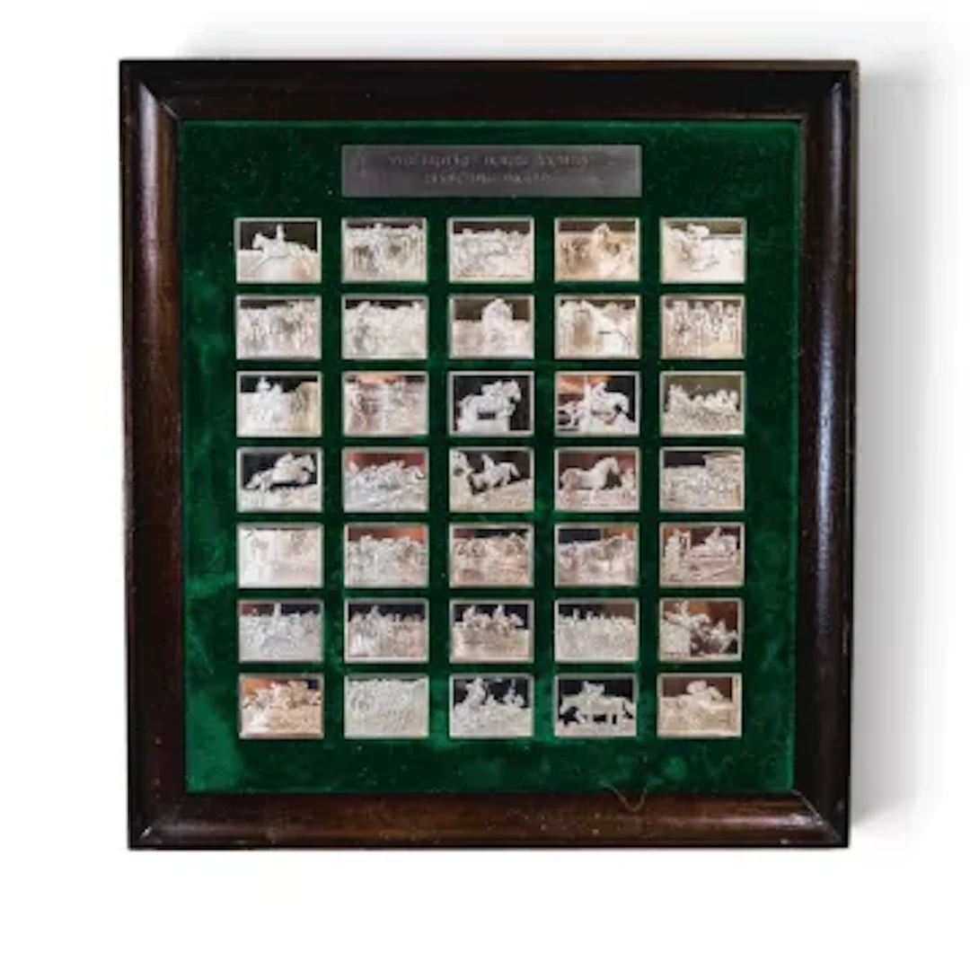 A framed set of British Horse Society sporting silver ingots, thirty-five