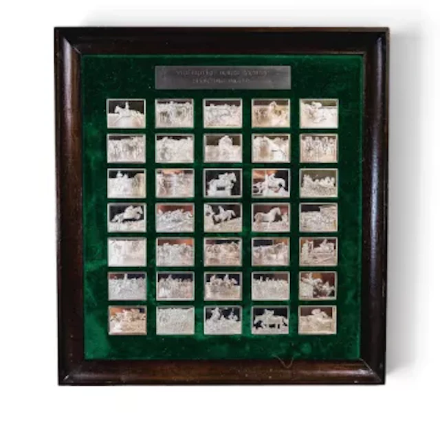 A framed set of British Horse Society sporting silver ingots, thirty-five