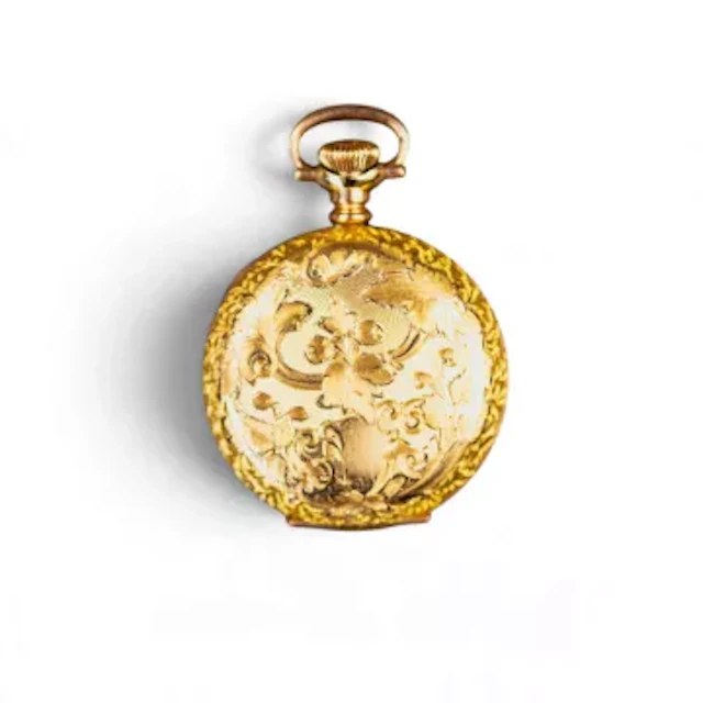 Yellow metal Waltham ornate fob pocket watch, full hunter, case marked