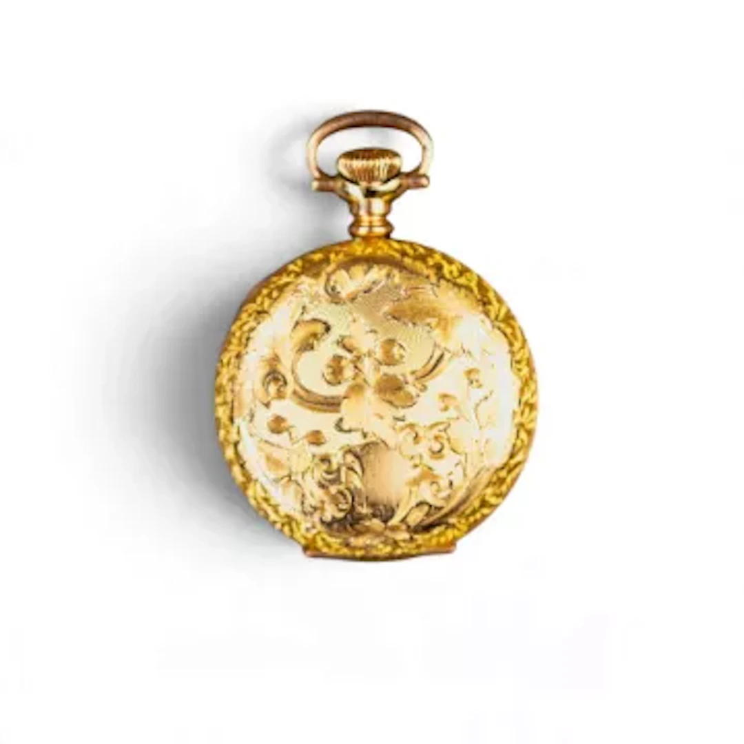 Yellow metal Waltham ornate fob pocket watch, full hunter, case marked