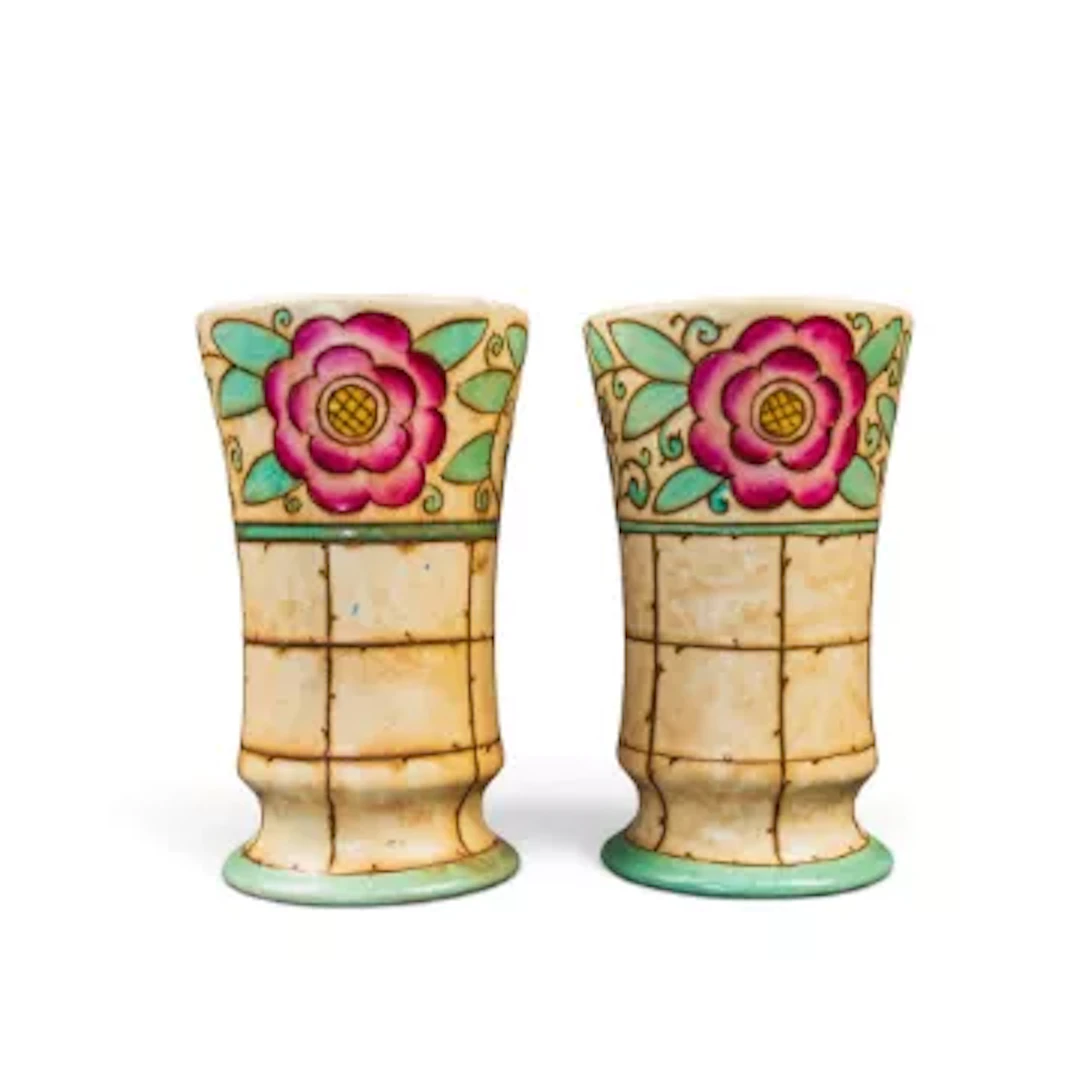 A pair of Charlotte Rhead vases in a rare colour version of the Trellis