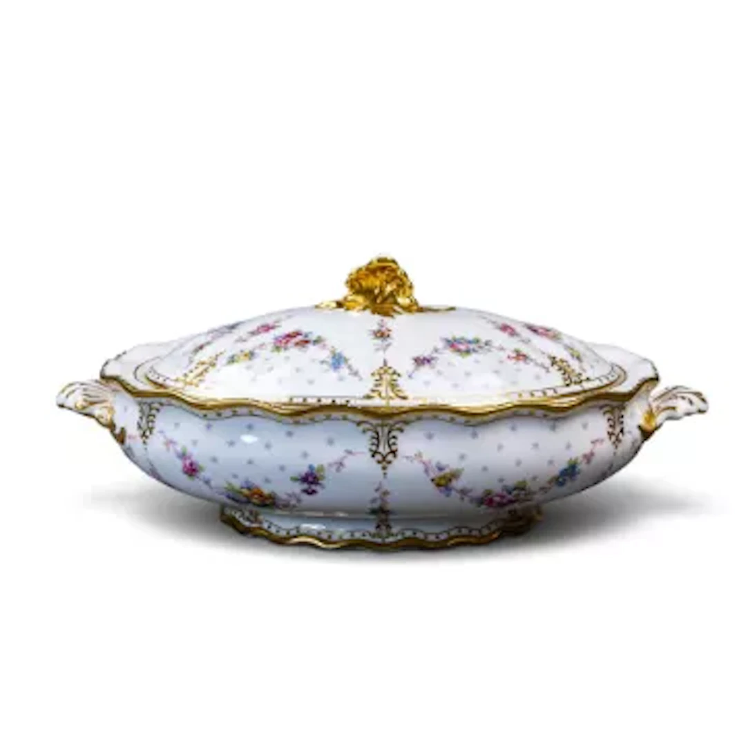 A Royal Crown Derby large oval shaped lidded tureen in the Royal Antoinette