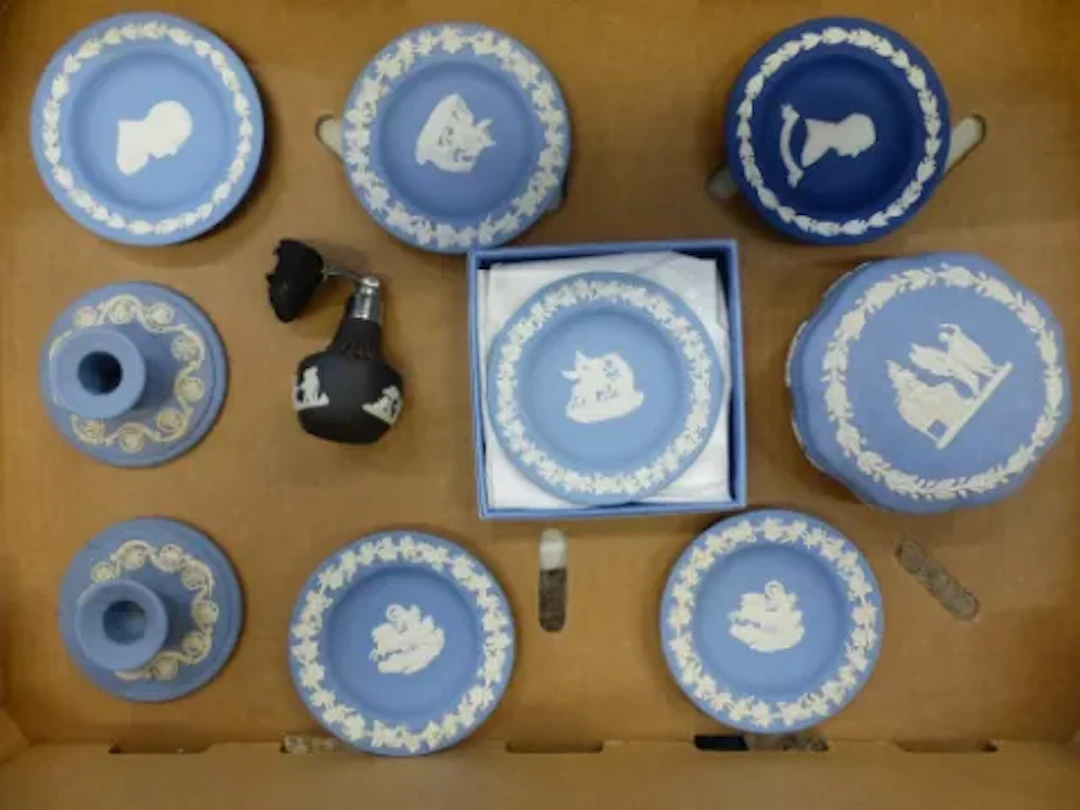 Wedgwood jasper ware items mostly in powder blue to include squat