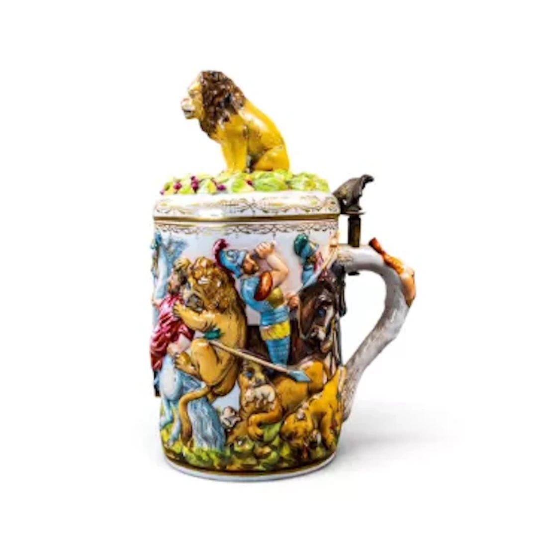 Capodimonte porcelain lidded tankard (stein) depicting hunting scenes