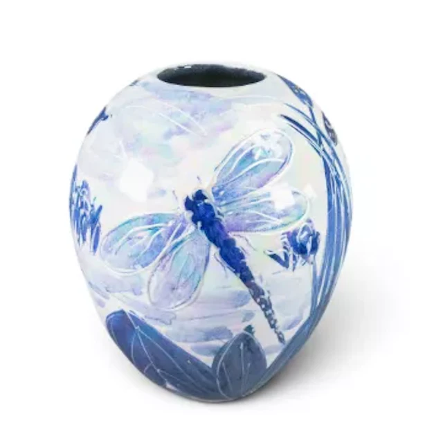 Anita Harris blue and white lustre dragonfly delta vase. Height 15