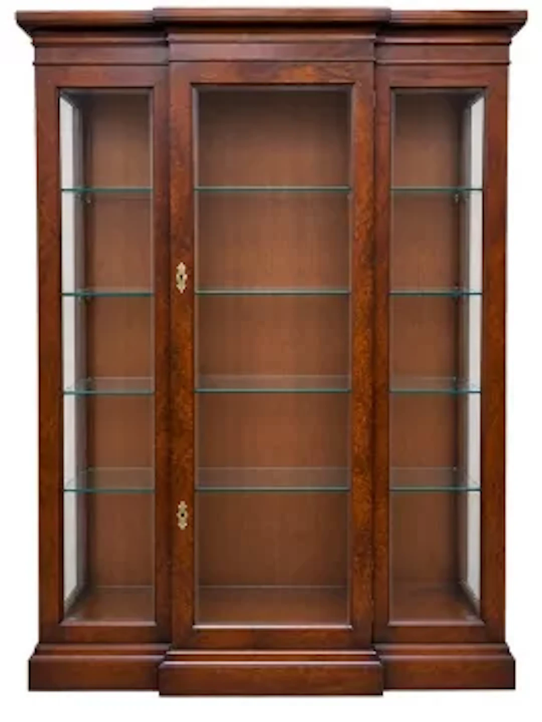 Mahogany break fronted display cabinet, adjustable shelves, single
